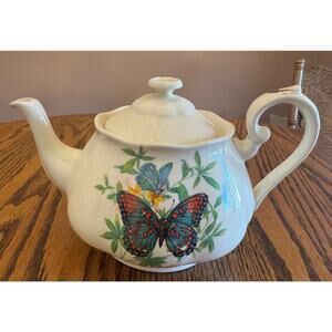 Vintage Handmade Ceramic Teapot – Butterfly & Floral Botanical Design